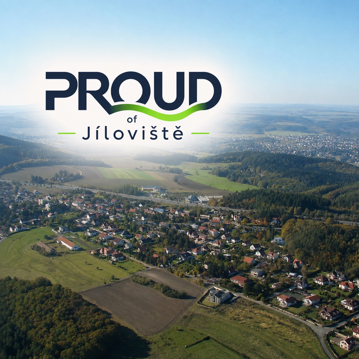 PROUD of Jíloviště nad leteckým pohledem na obec